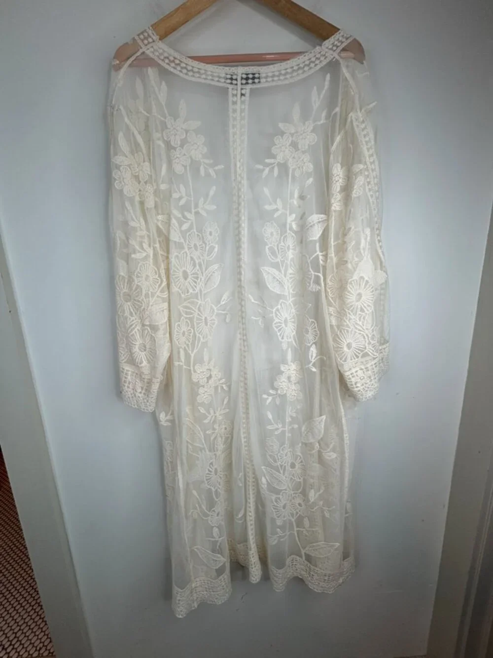 Lane Bryant 26/28 Cream Floral Lace Kimono Duster Boho Beach Cover Up Festival
